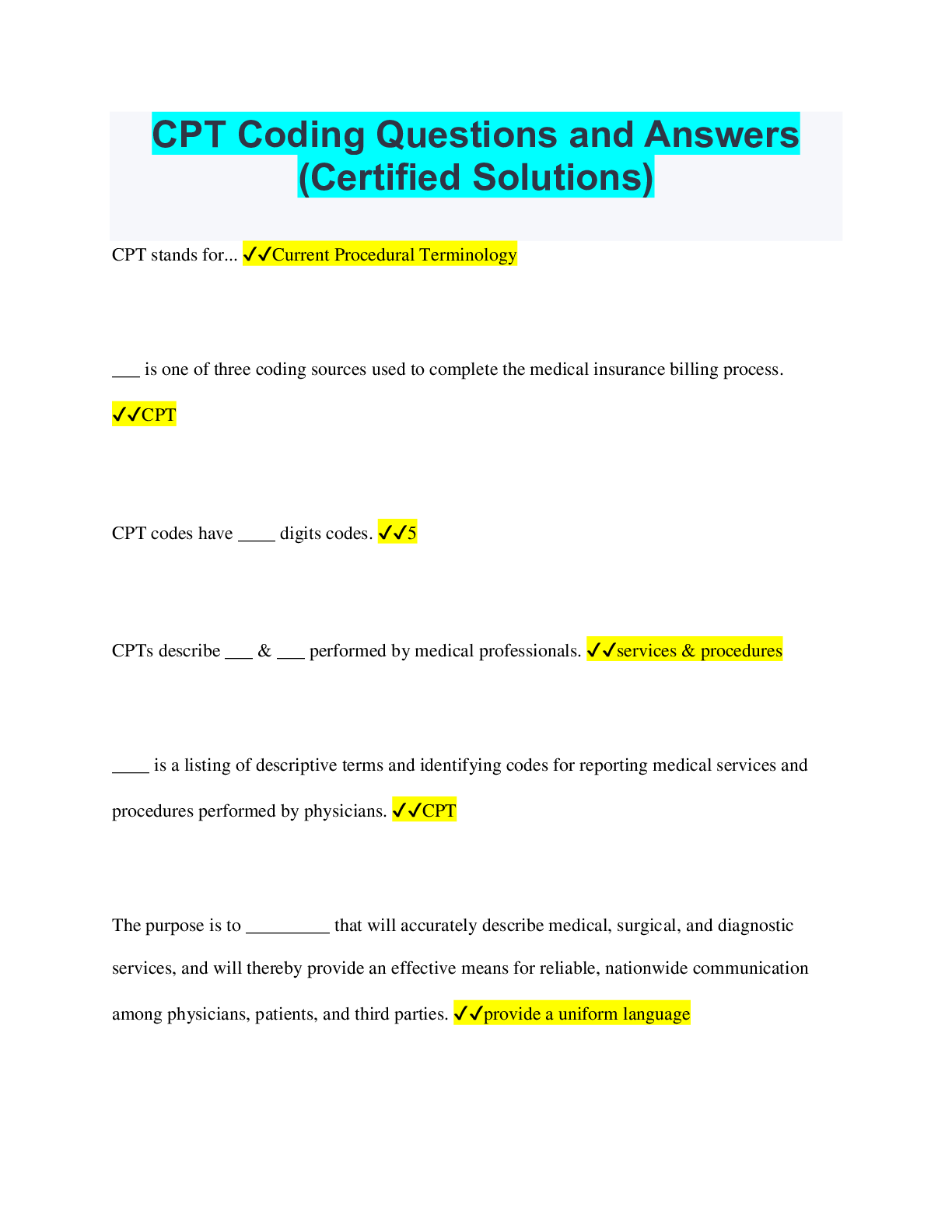 CPT Coding Questions and Answers (Certified Solutions) Browsegrades